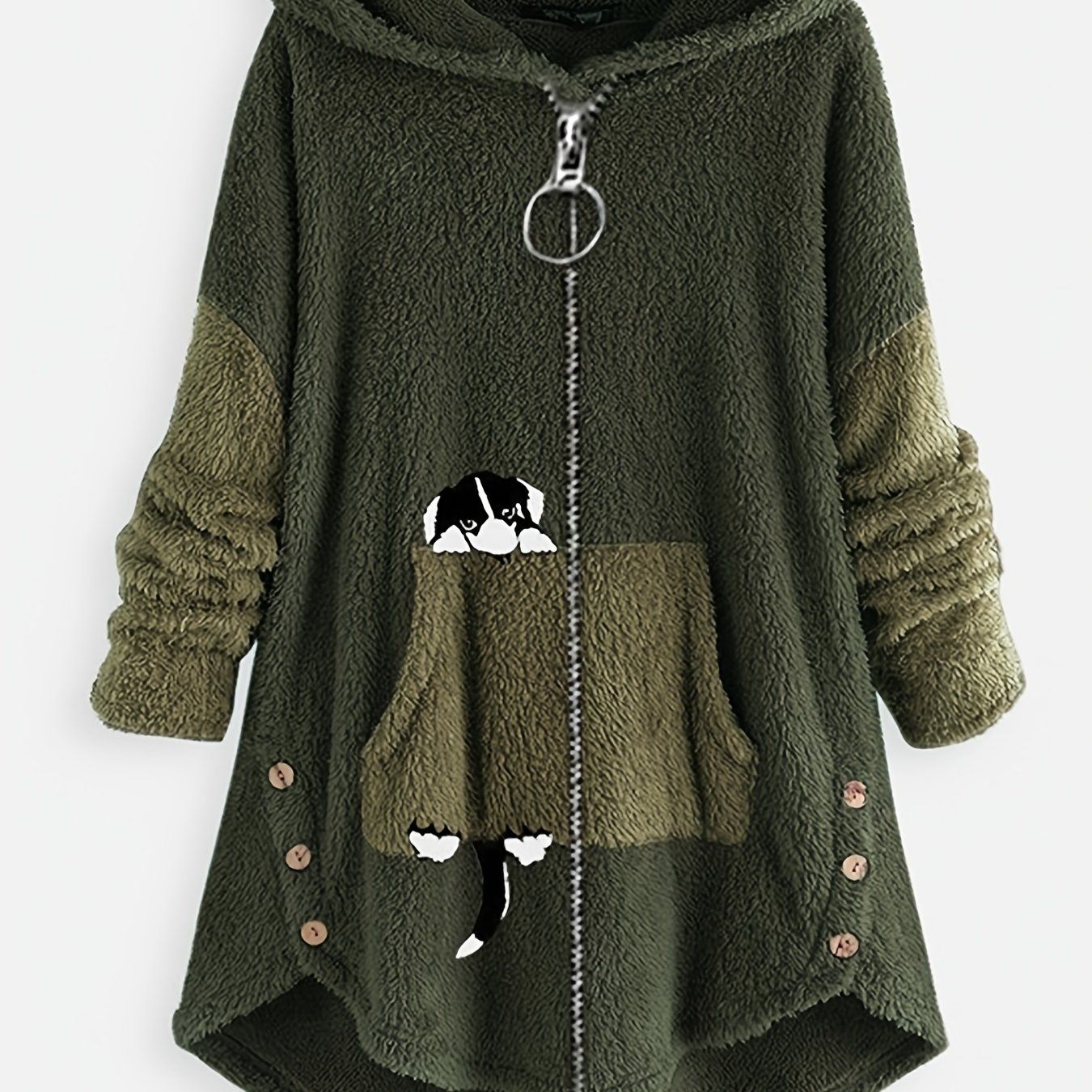 Große Größen Cartoon Welpendruck Colorblock Hoodie mit Reißverschluss, flauschiger Mantel; Damen Plus Size leichter Stretch Freizeit-Mantel