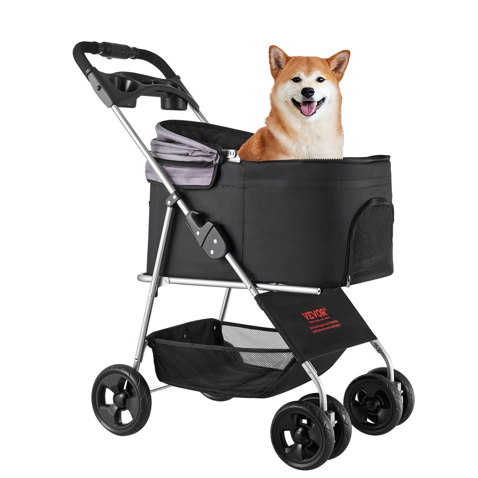 Tierkinderwagen - 16 kg Tragkraft, faltbarer Hundebuggy, 4-Rad-Katzenkinderwagen mit abnehmbarer Transportbox & Netzfenstern, tragbare Tierbox mit Bremse für kleine bis mittelgroße Haustiere