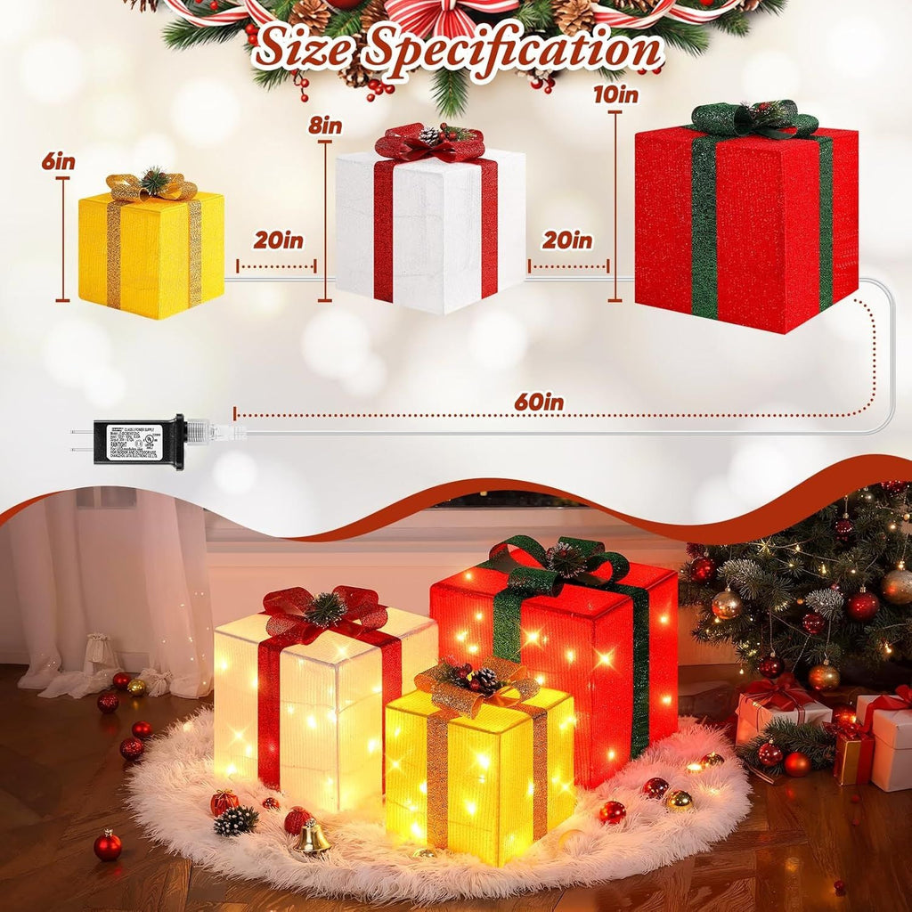 3 grandes boîtes cadeaux pour décorations de Noël extérieures, 25,4 cm, 20,3 cm, 15,2 cm avec mini guirlandes lumineuses de 70 LED pré-éclairées, boîtes cadeaux lumineuses avec paillettes pour Noël, mariage, fête