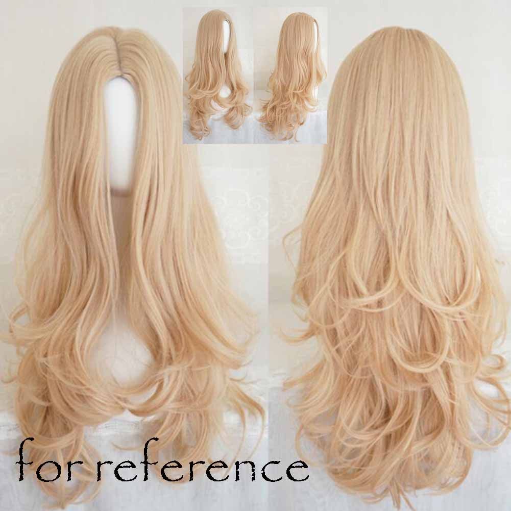 65 cm goldfarbene lange Lockenperücke Synthetische Haar Perücke Cosplay Perücke Kostüm Vollperücke Halloween Verkleidung