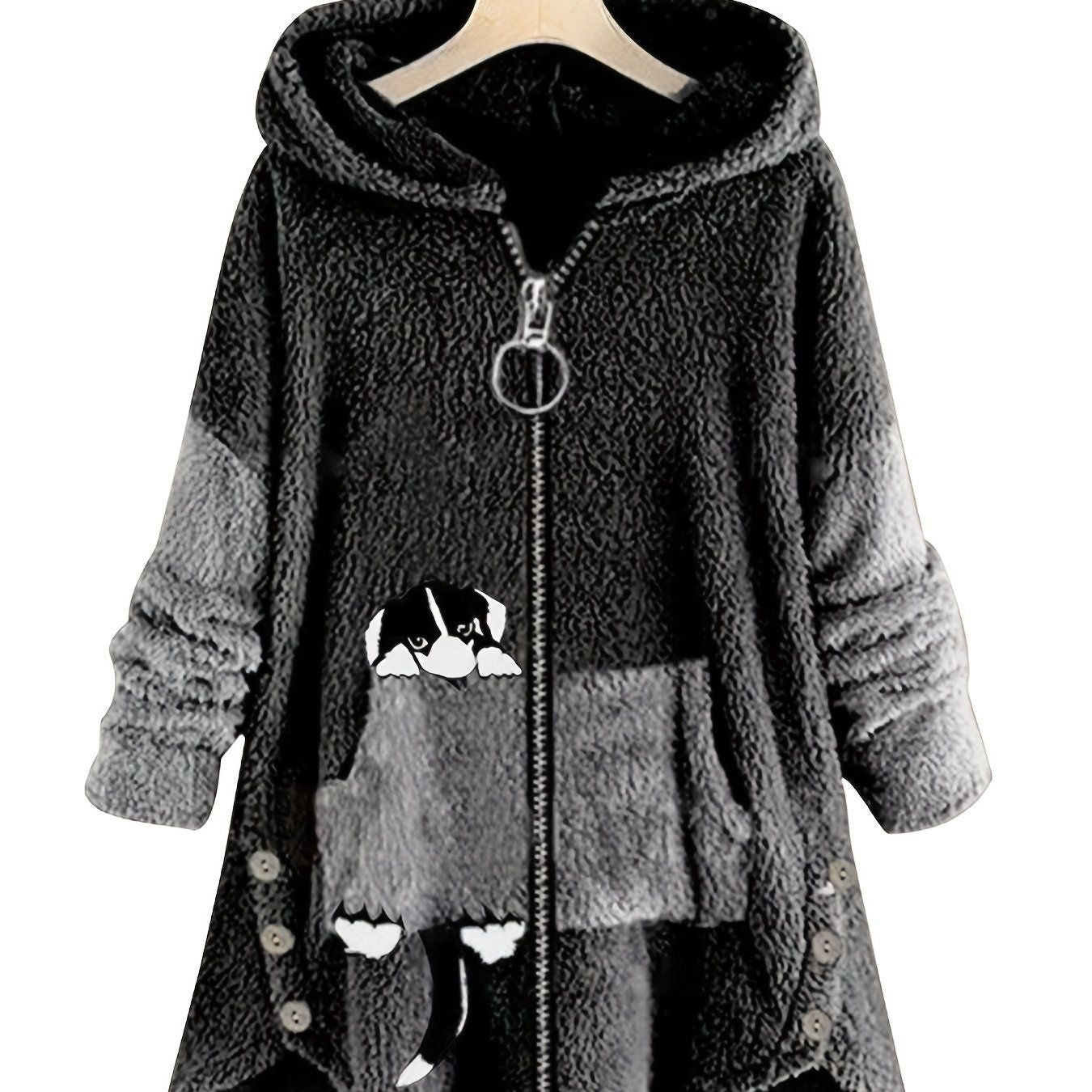 Große Größen Cartoon Welpendruck Colorblock Hoodie mit Reißverschluss, flauschiger Mantel; Damen Plus Size leichter Stretch Freizeit-Mantel