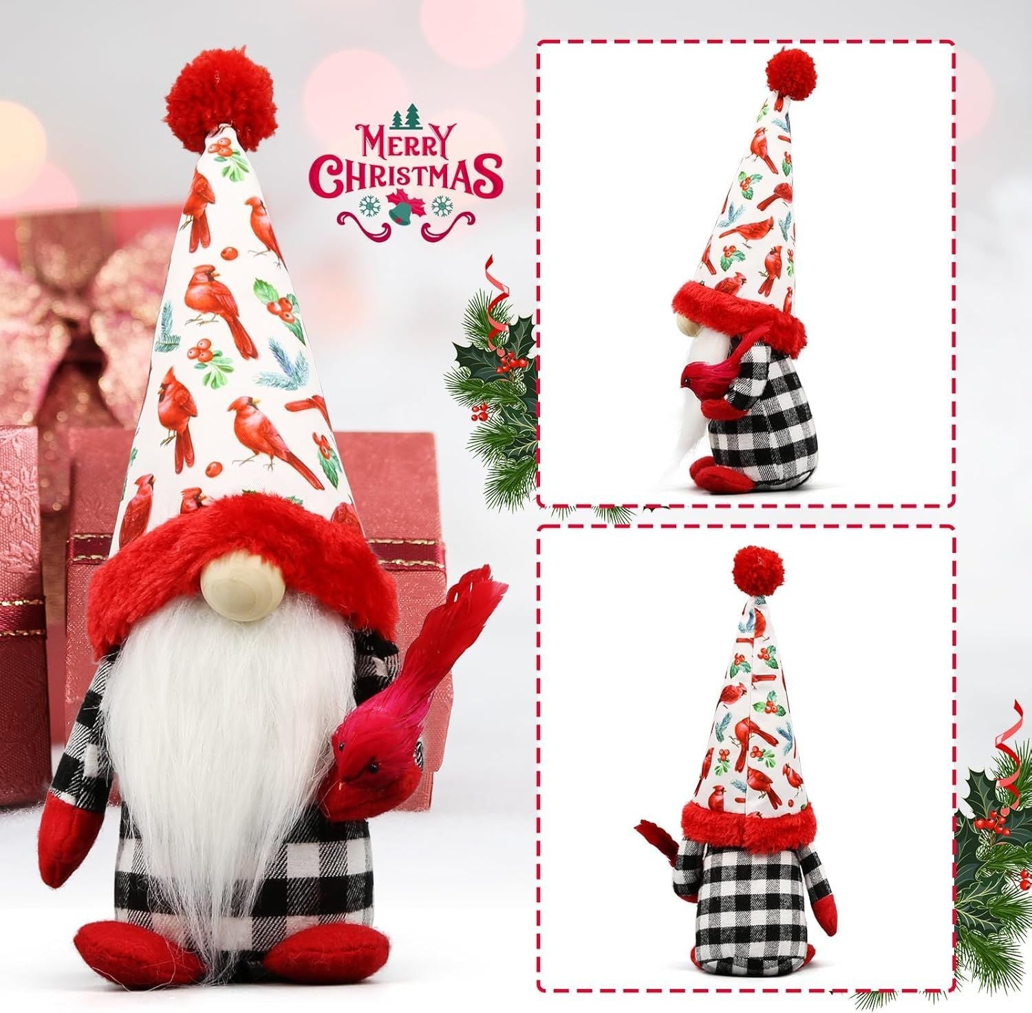 Weihnachts-Rotkardinal-Gnome Dekorationen für Zuhause, Drinnen, Büro - Weihnachts-Wichtel-Plüschpuppe - Weihnachts-Elfen-Dekoration Schwedische Tomte - Rotkardinal-Dekor für den Tisch - Wichtel-Geschenke für Frauen