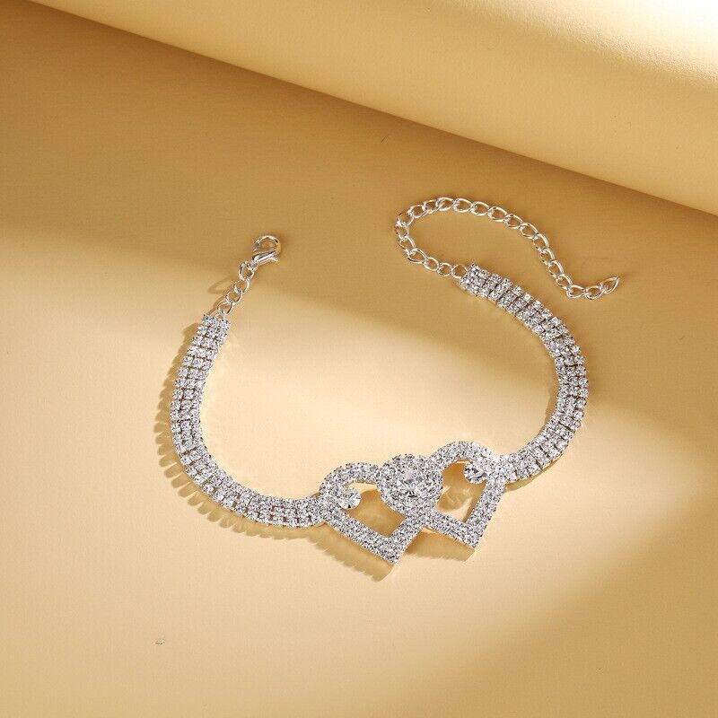 Doppel Herz Fußkettchen Armband Liebe Barfußkette Bling Kristall Fußkettchen US