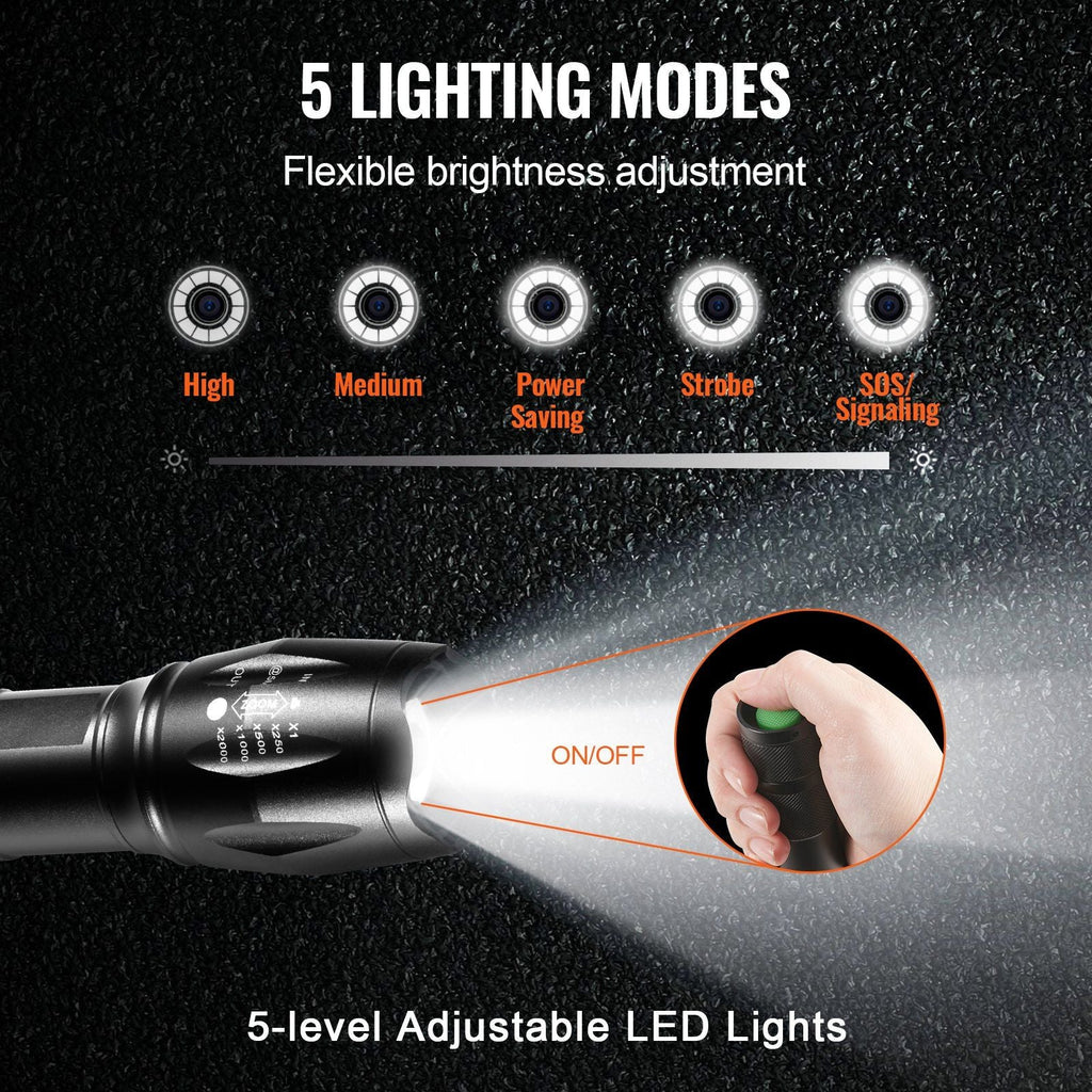 VEVOR 2er-Pack Taschenlampen, 2000 hohe Lumen, 5 Modi, verstellbarer Fokus, IP44 LED wasserdichte Handtaschenlampe für Camping, Radfahren, Wandern, Angeln, Notfall