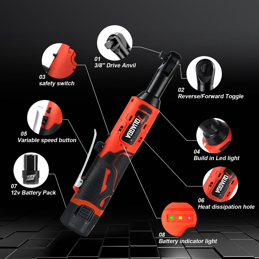 Jeu de clé à cliquet électrique sans fil 3/8", kit d'outils à cliquet 12V avec 2 batteries 2000mAh et chargeur, clé à chocs sans fil 61 Nm avec vitesses infiniment variables