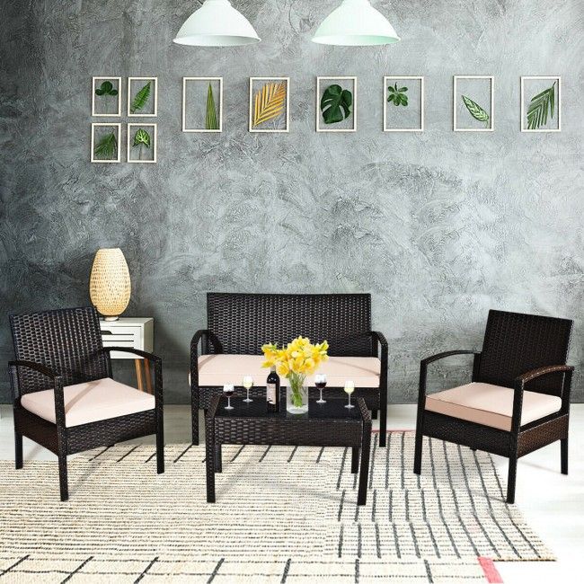 Salon de jardin 4 pièces, chaises en rotin et osier, ensemble de bistrot extérieur
