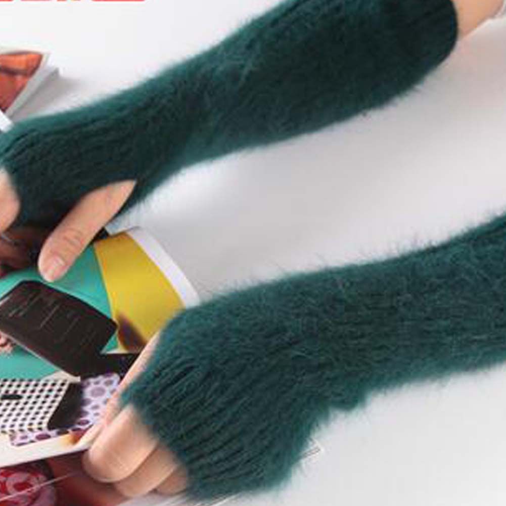 Mitaines longues en maille vert peluche pour femme, chauffe-bras, gants d'hiver chauds, sans doigts avec trou pour le pouce