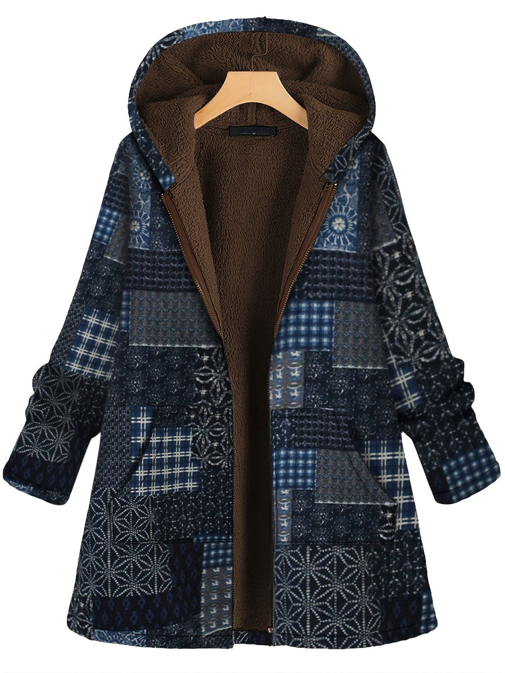 Große Größen Patchwork Print Hoodie mit Fleece-Futter Thermomantel; Damen Plus Langarm Freizeitjacke
