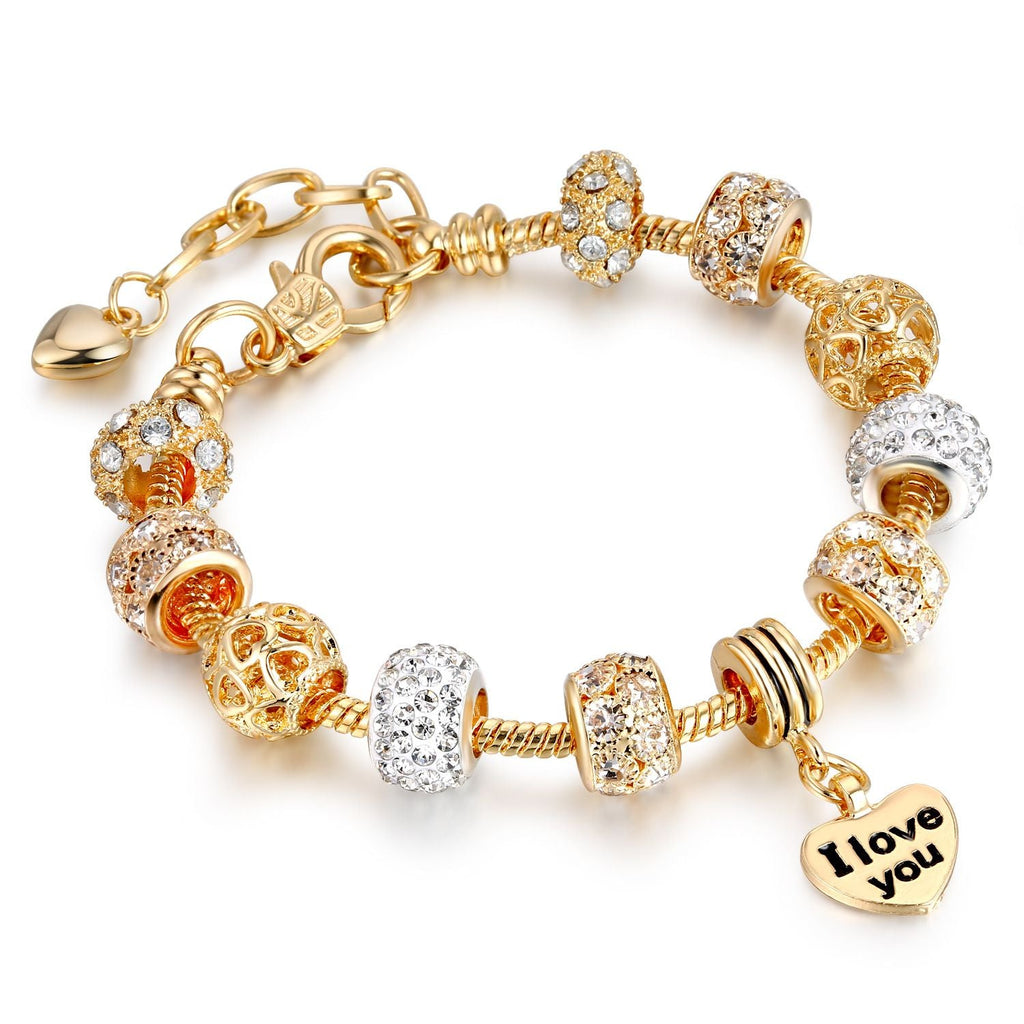 Herz-Charm-Armband mit Verlängerung, vergoldete Schlangenkette, Armbänder mit Zirkonia-Kristallperlen und Anhängern