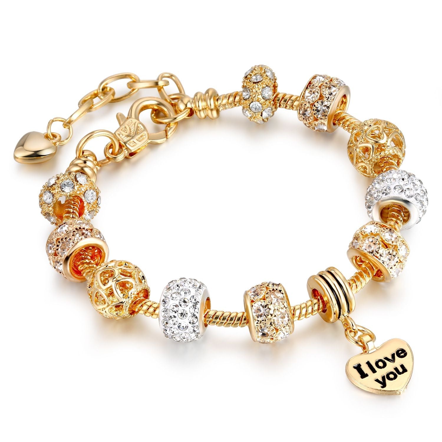 Herz-Charm-Armband mit Verlängerung, vergoldete Schlangenkette, Armbänder mit Zirkonia-Kristallperlen und Anhängern