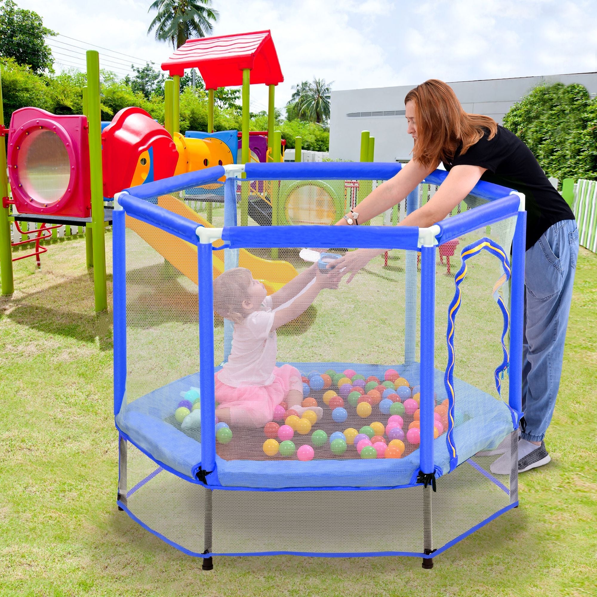 55'' Kleinkinder Trampolin mit Sicherheitsnetz und Bällen, Indoor Outdoor Mini Trampolin für Kinder