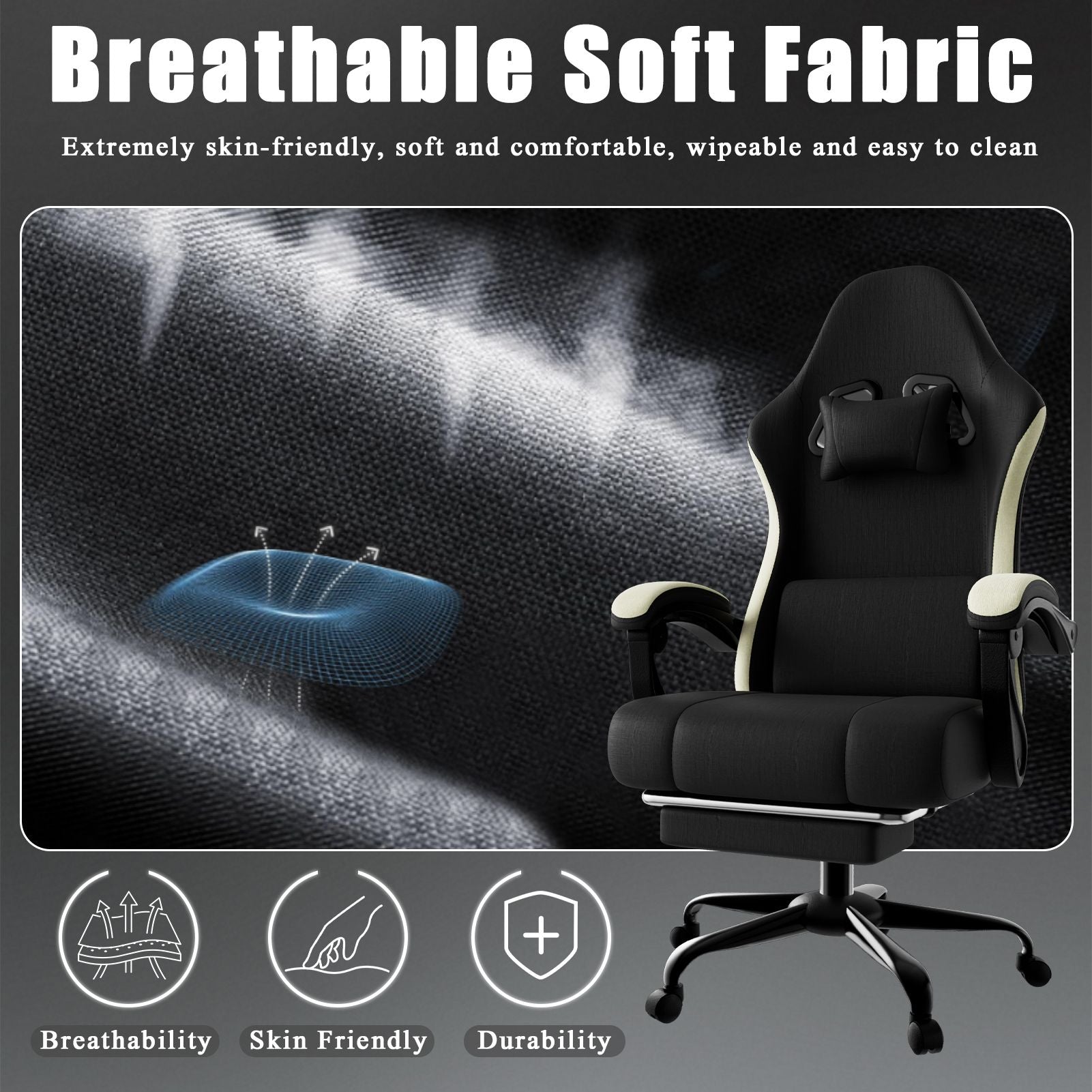 Chaise de jeu ergonomique avec coussin à ressorts ensachés, chaise d'ordinateur en tissu respirant avec repose-pieds, chaise de jeu vidéo avec soutien lombaire réglable pour adultes (Tissu)