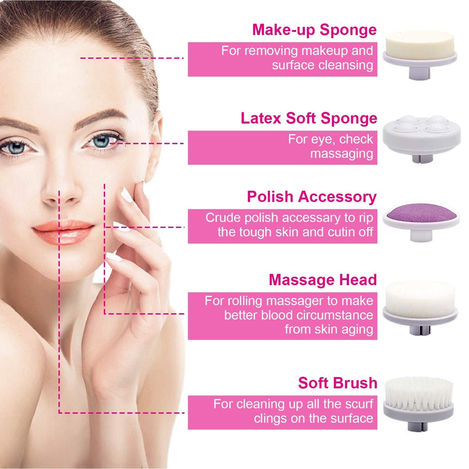 Brosse nettoyante visage électrique étanche avec 5 têtes de brosse pour femmes