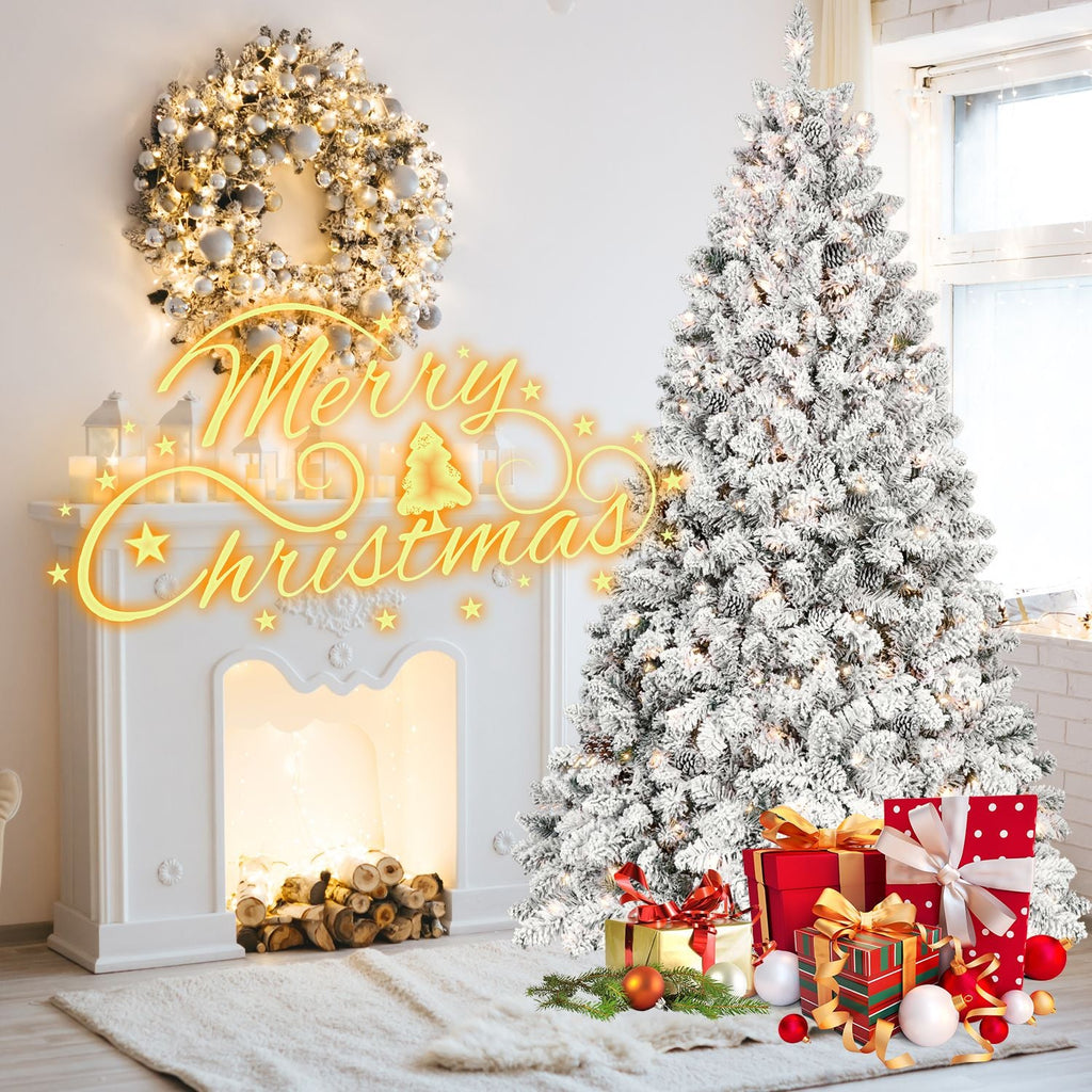 Sapin de Noël artificiel floqué de 2,4 m avec 700 lumières UL, 54 pommes de pin et 1754 branches, effet neige