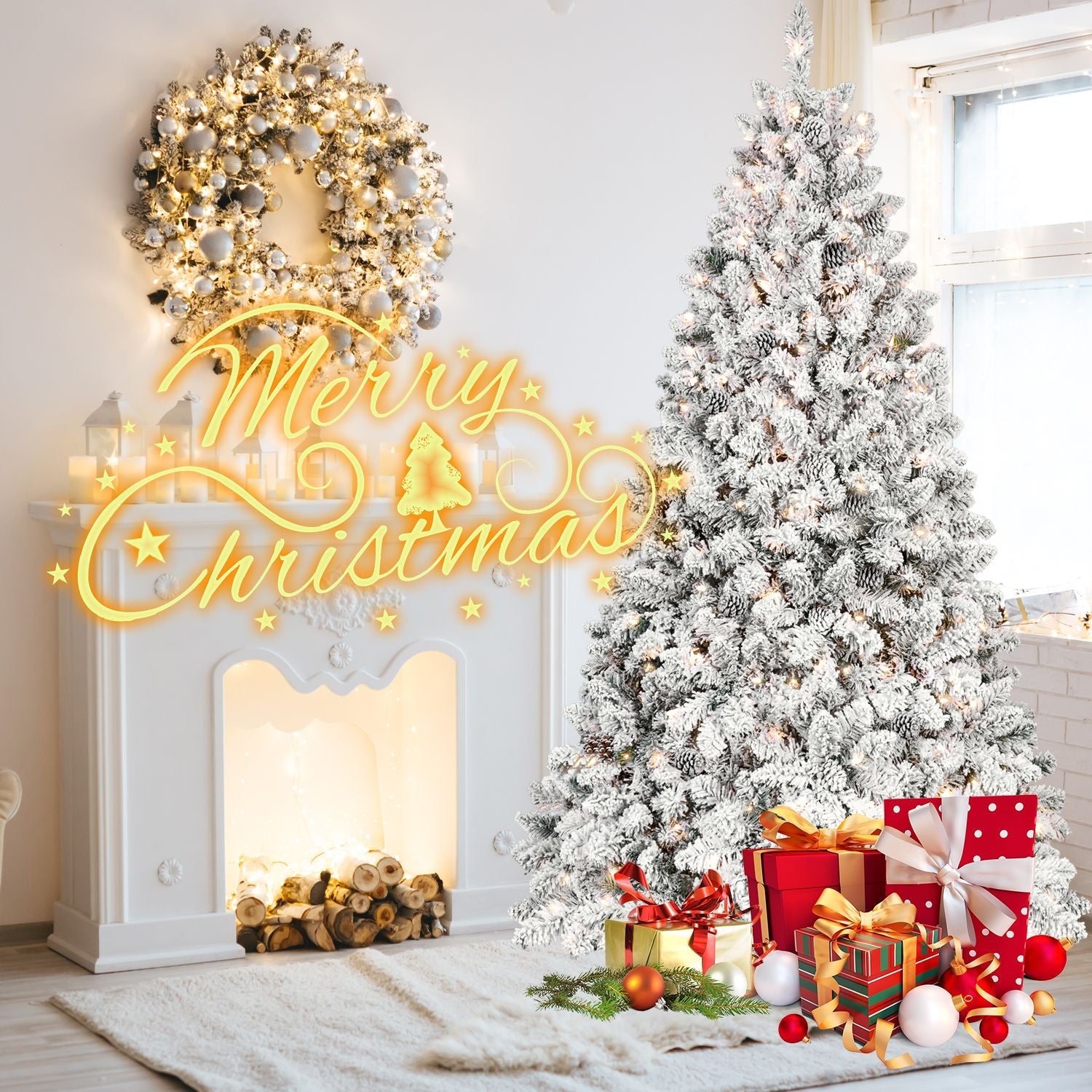 Sapin de Noël artificiel floqué de 2,4 m avec 700 lumières UL, 54 pommes de pin et 1754 branches, effet neige
