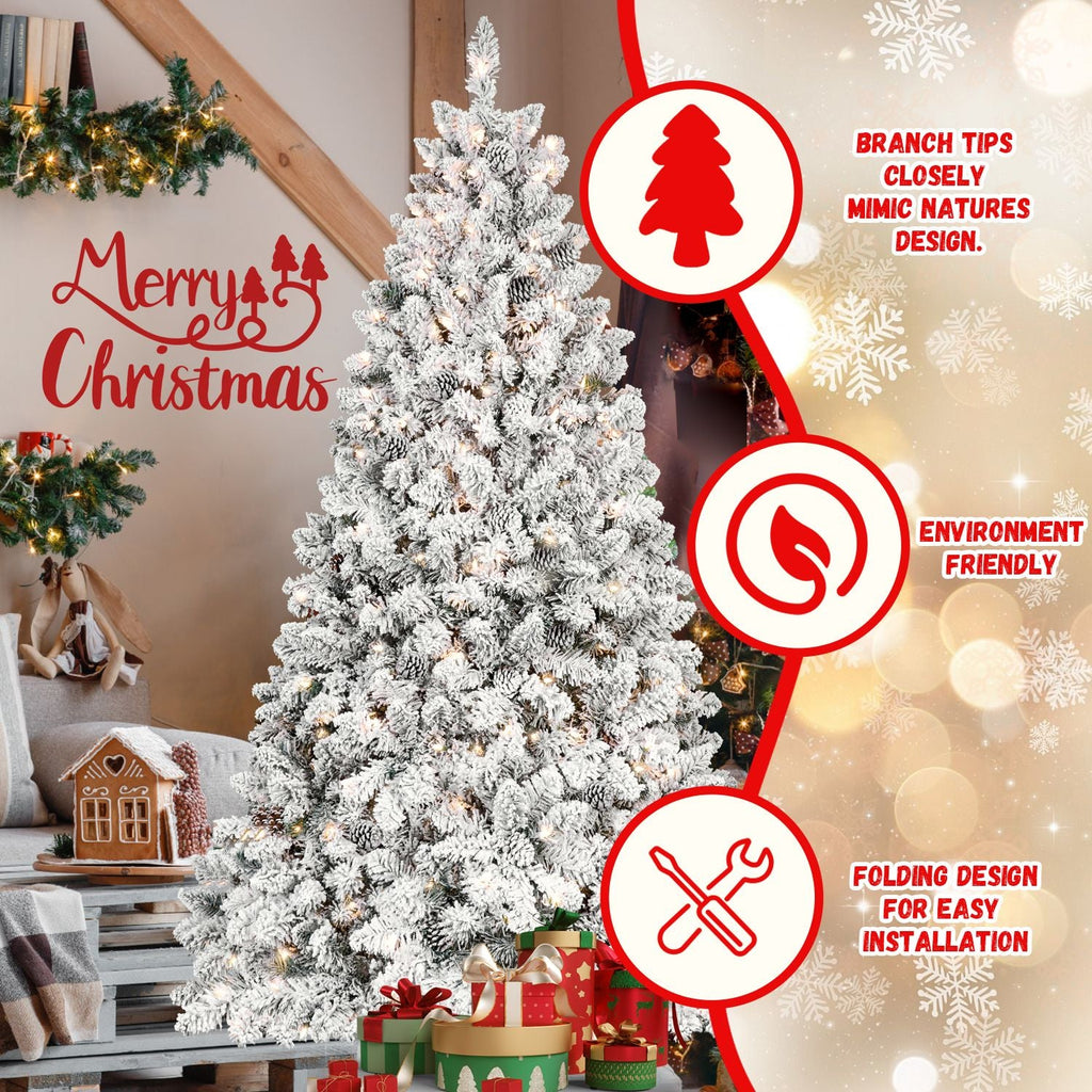 Sapin de Noël artificiel floqué de 2,4 m avec 700 lumières UL, 54 pommes de pin et 1754 branches, effet neige