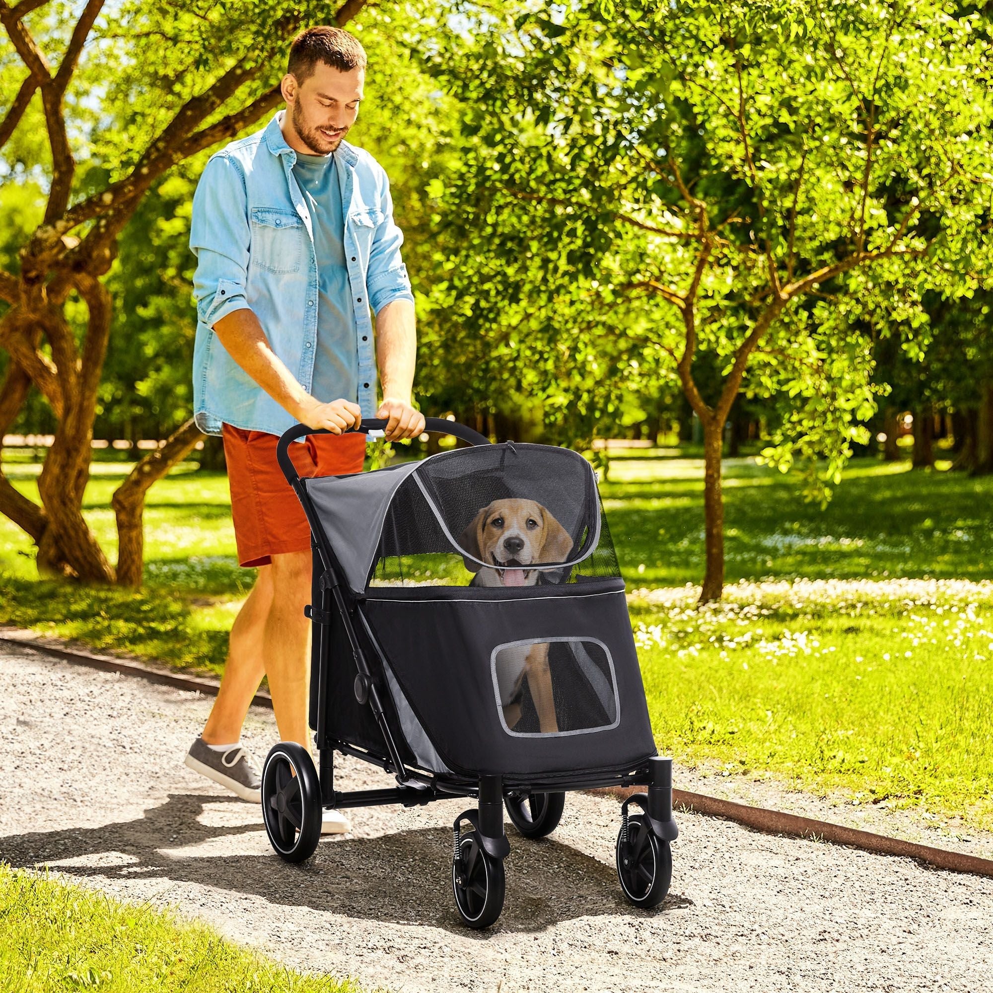 PawHut Haustier-Kinderwagen Hunde Katzen-Buggy mit Ein-Klick-Faltsystem, Universal-Vorderrädern, Stoßdämpfer, Bremsen, Aufbewahrungstaschen, Netzfenster