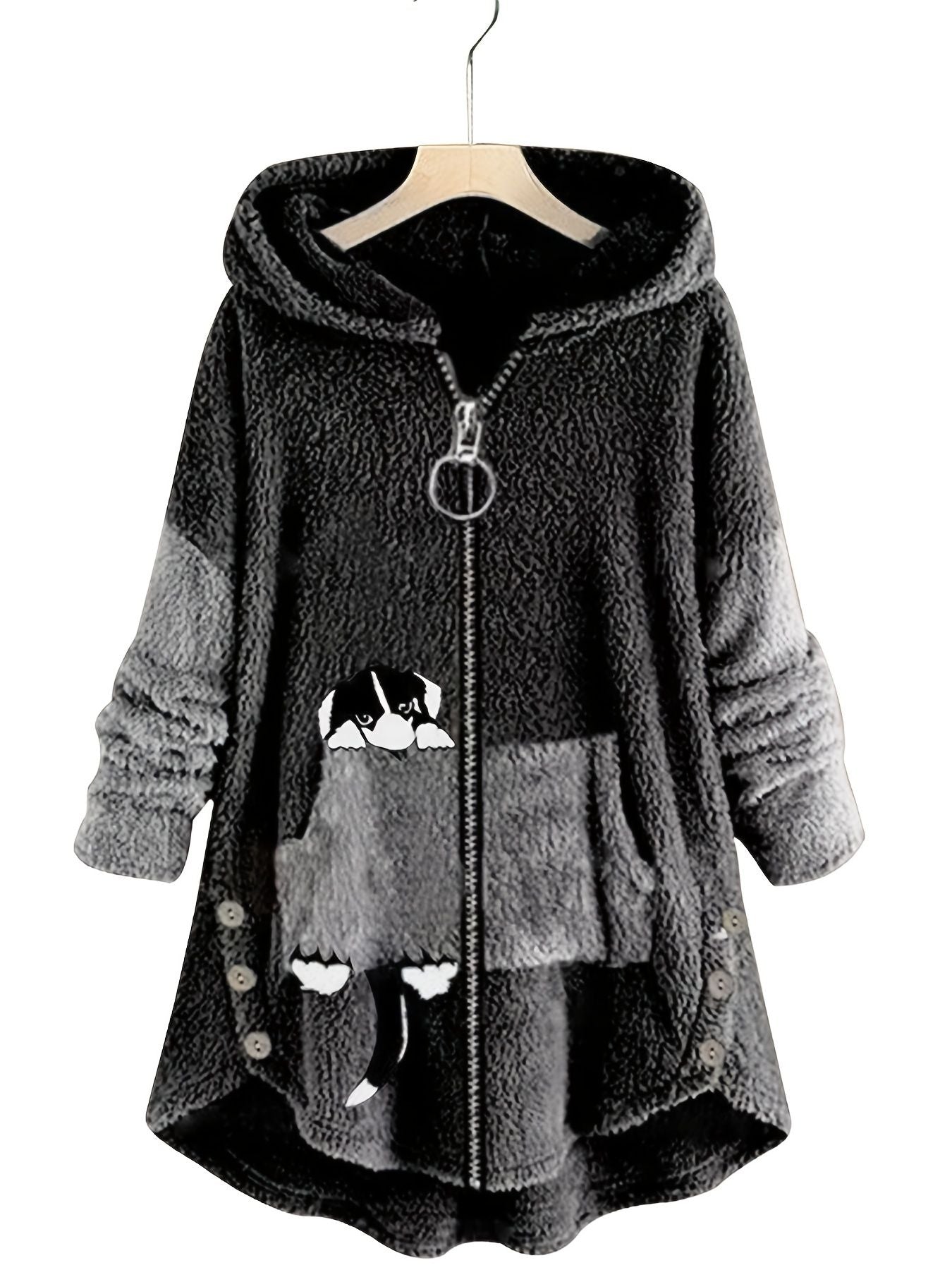 Große Größen Cartoon Welpendruck Colorblock Hoodie mit Reißverschluss, flauschiger Mantel; Damen Plus Size leichter Stretch Freizeit-Mantel