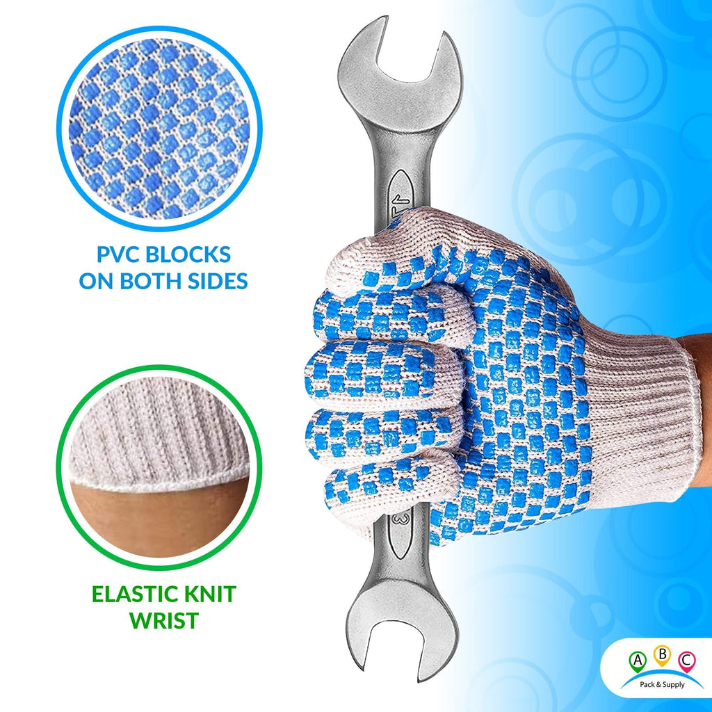 Packung mit 288 Strickhandschuhen mit blauen Noppen auf beiden Seiten, Größe L. Gestrickte Handschuhe aus Baumwolle-Polyester für allgemeine Zwecke. Schutzhandschuhe mit blauer PVC-Noppenstruktur. Mittelschwere Handschuhe.