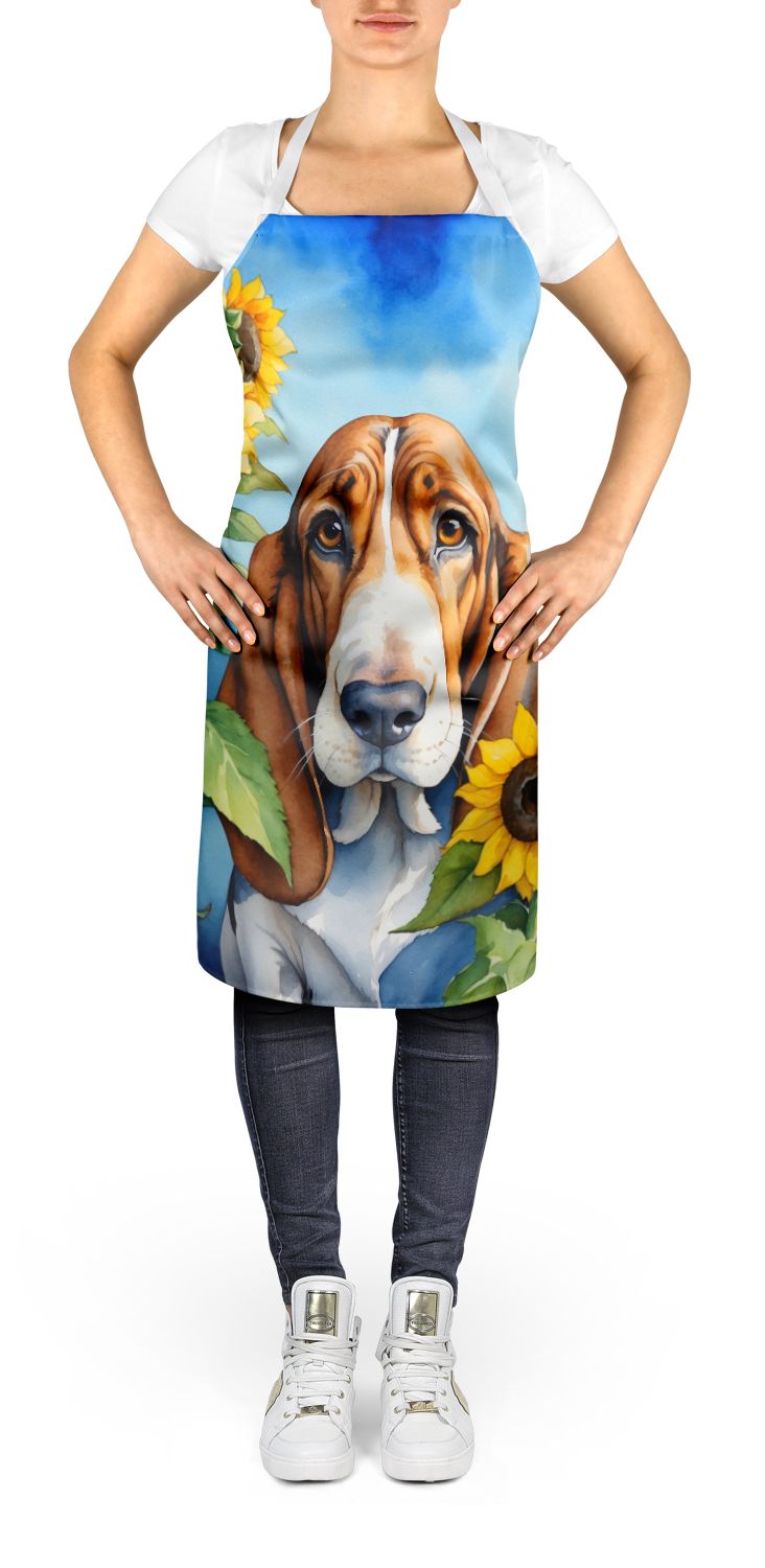 Basset Hound in Sonnenblumen Schürze Kochen Küche Servieren Backen Basteln Gartenarbeit für Erwachsene Frauen Männer, Unisex, Groß, Mehrfarbig