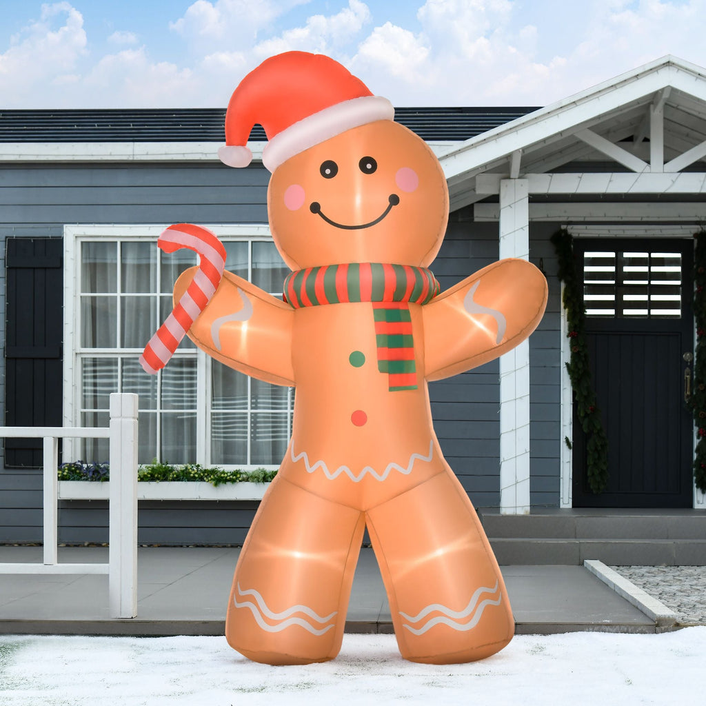 HOMCOM 2,4 m aufblasbarer Lebkuchenmann mit Zuckerstange, aufblasbare Weihnachtsdekoration für den Außenbereich mit LED-Beleuchtung