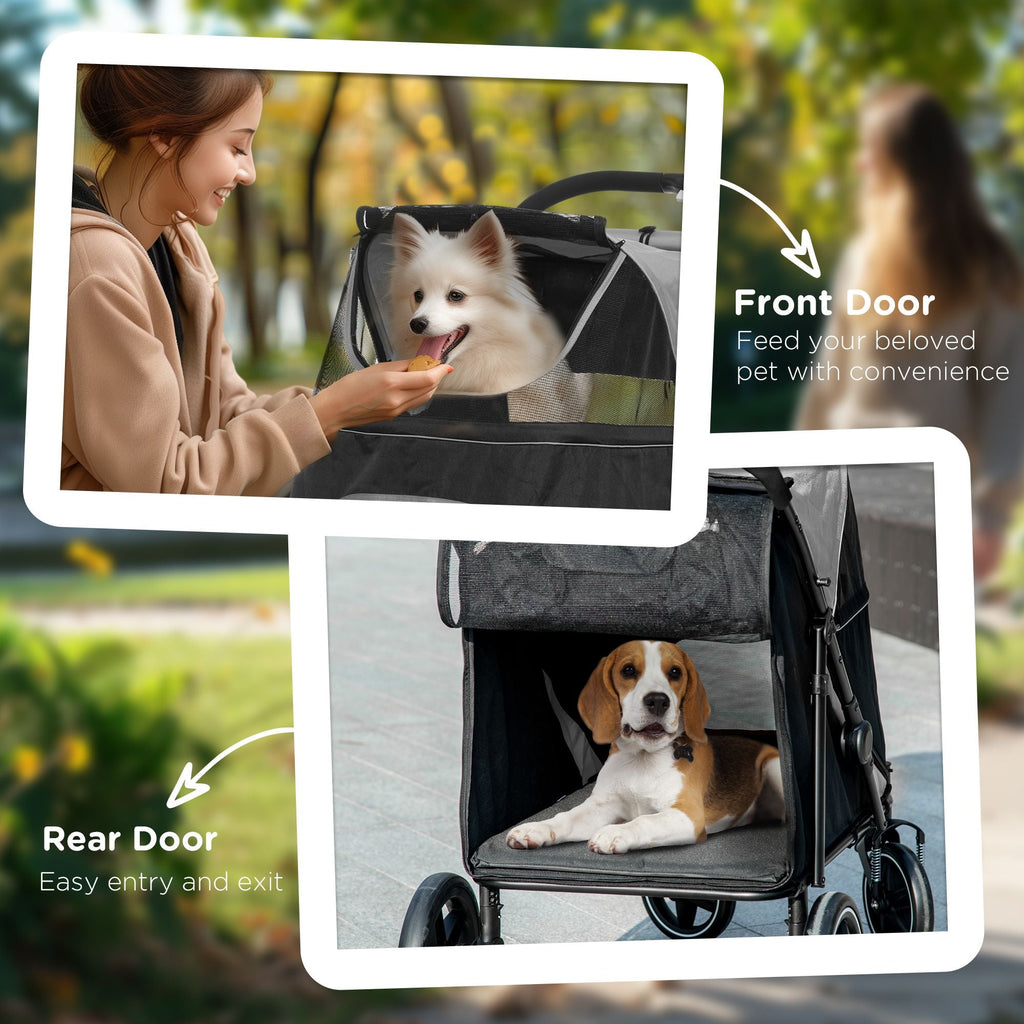 PawHut Haustier-Kinderwagen Hunde Katzen-Buggy mit Ein-Klick-Faltsystem, Universal-Vorderrädern, Stoßdämpfer, Bremsen, Aufbewahrungstaschen, Netzfenster