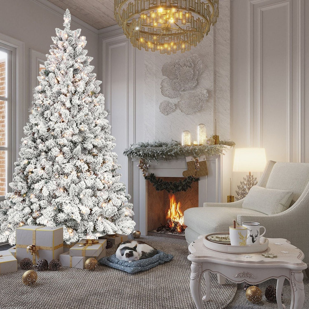 Sapin de Noël artificiel floqué de 2,4 m avec 700 lumières UL, 54 pommes de pin et 1754 branches, effet neige