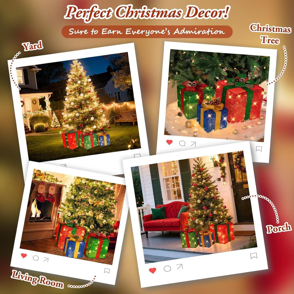 3 grandes boîtes cadeaux pour décorations de Noël extérieures, 25,4 cm, 20,3 cm, 15,2 cm avec mini guirlandes lumineuses de 70 LED pré-éclairées, boîtes cadeaux lumineuses avec paillettes pour Noël, mariage, fête