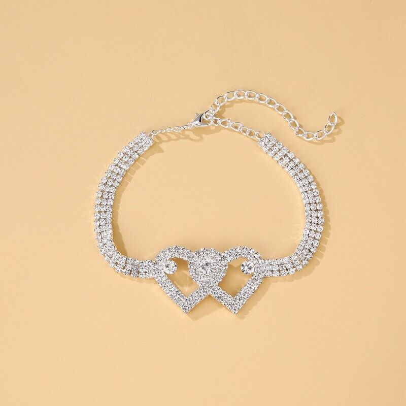 Doppel Herz Fußkettchen Armband Liebe Barfußkette Bling Kristall Fußkettchen US