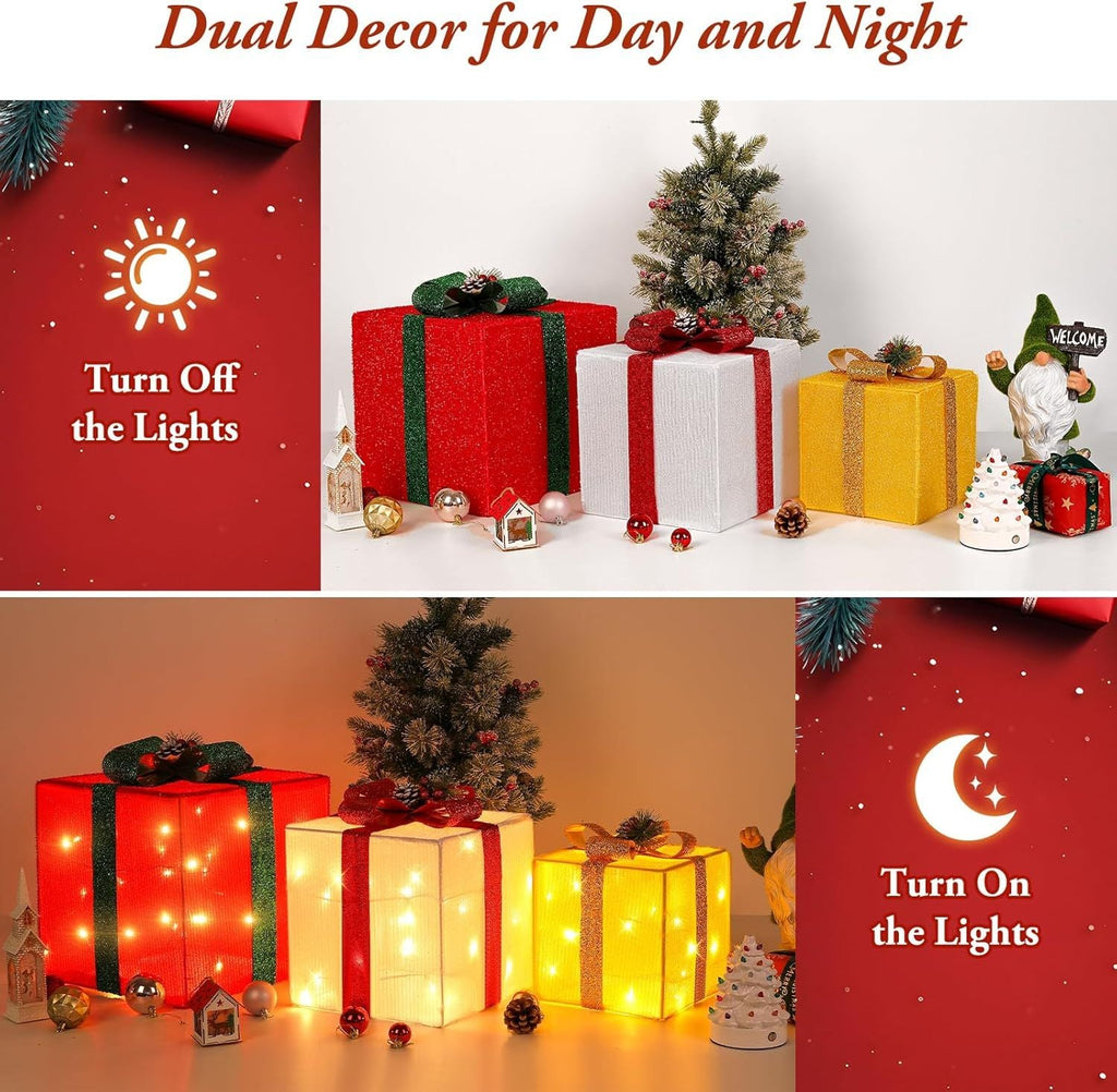 3 grandes boîtes cadeaux pour décorations de Noël extérieures, 25,4 cm, 20,3 cm, 15,2 cm avec mini guirlandes lumineuses de 70 LED pré-éclairées, boîtes cadeaux lumineuses avec paillettes pour Noël, mariage, fête