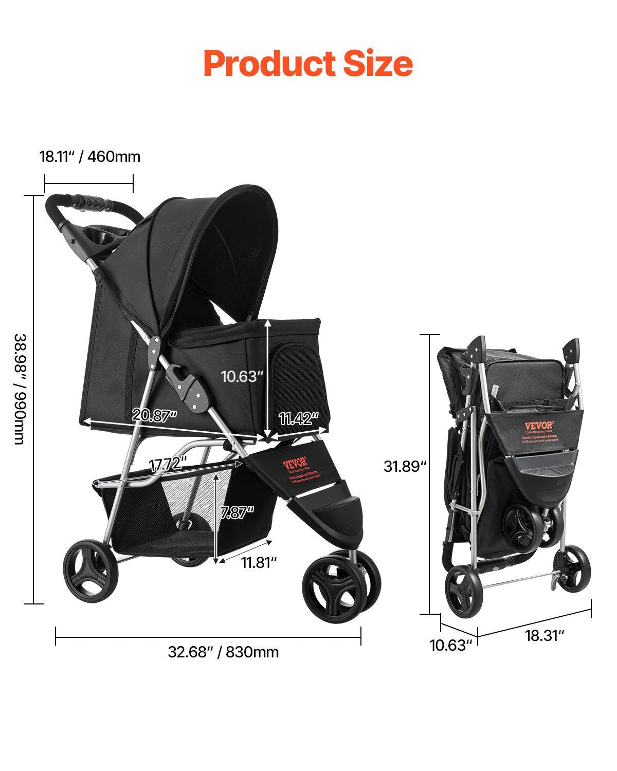 Hundetrolley faltbar 3 Räder Hundebuggy mit Bremse bis 16 kg Reise Camping