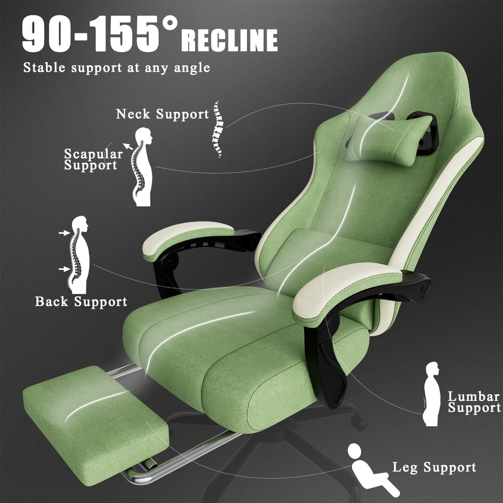 Chaise de jeu ergonomique avec coussin à ressorts ensachés, chaise d'ordinateur en tissu respirant avec repose-pieds, chaise de jeu vidéo avec soutien lombaire réglable pour adultes (Tissu)