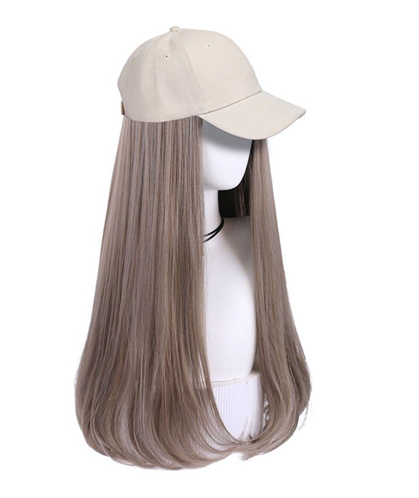 Damen Beige Baseballkappe mit Ombre Grau Langhaar Befestigter Synthetischer Haarverlängerung Perückenkappe