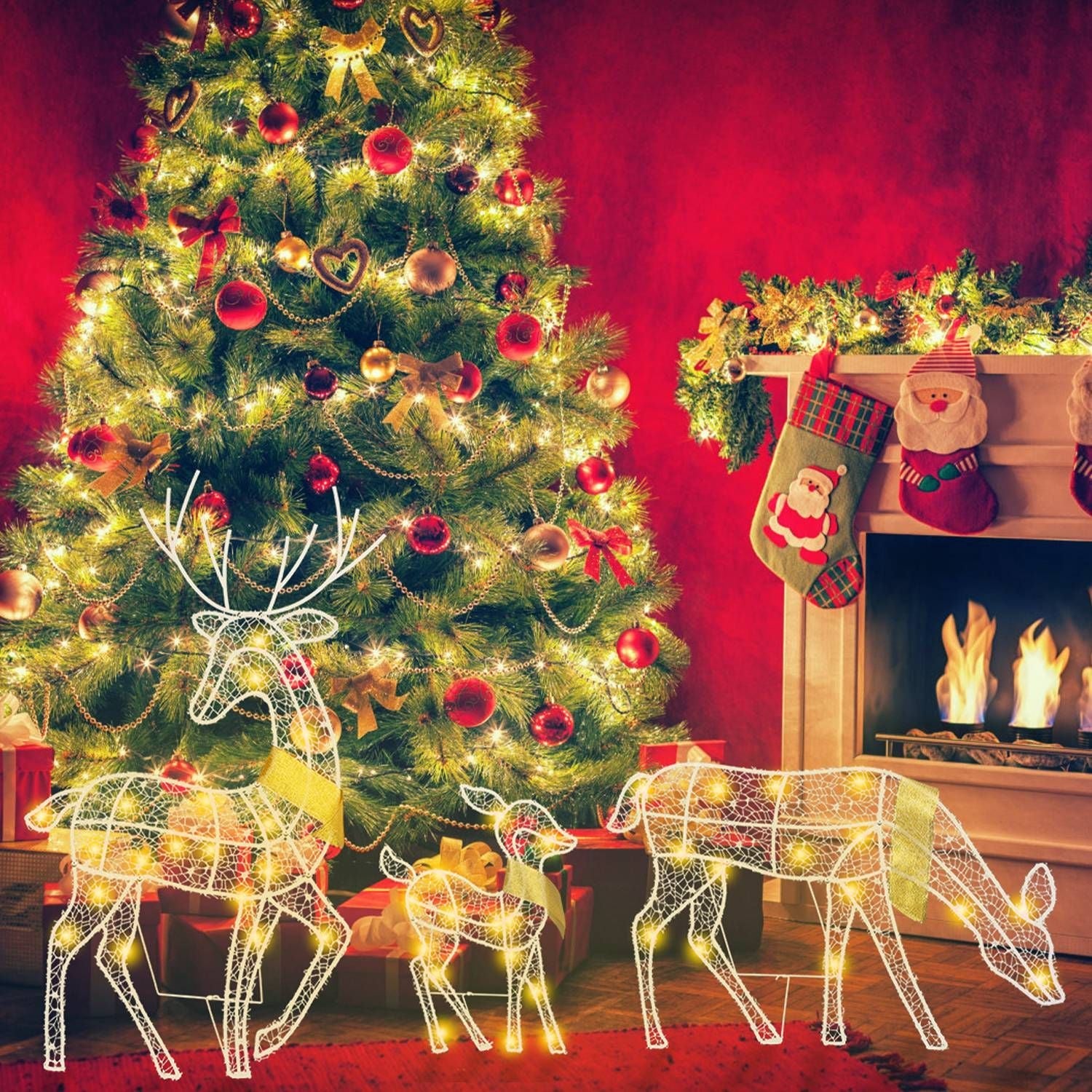 3er Set Rentierfamilie beleuchtet 2D Weihnachts-Hirsch-Dekoration warmweißes Licht 3 Beleuchtungsmodi Hirschkuh-Kitz Innen-Außen-Weihnachtsdekoration