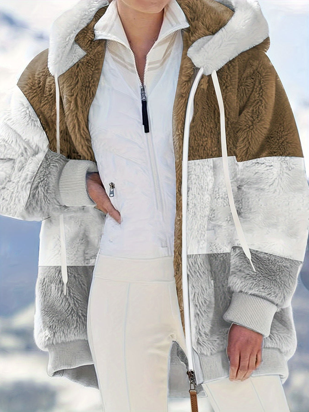Farbblock Teddy-Fleece-Mantel mit Kapuze, lässige Winterjacke mit Reißverschluss und langen Ärmeln, Damenbekleidung