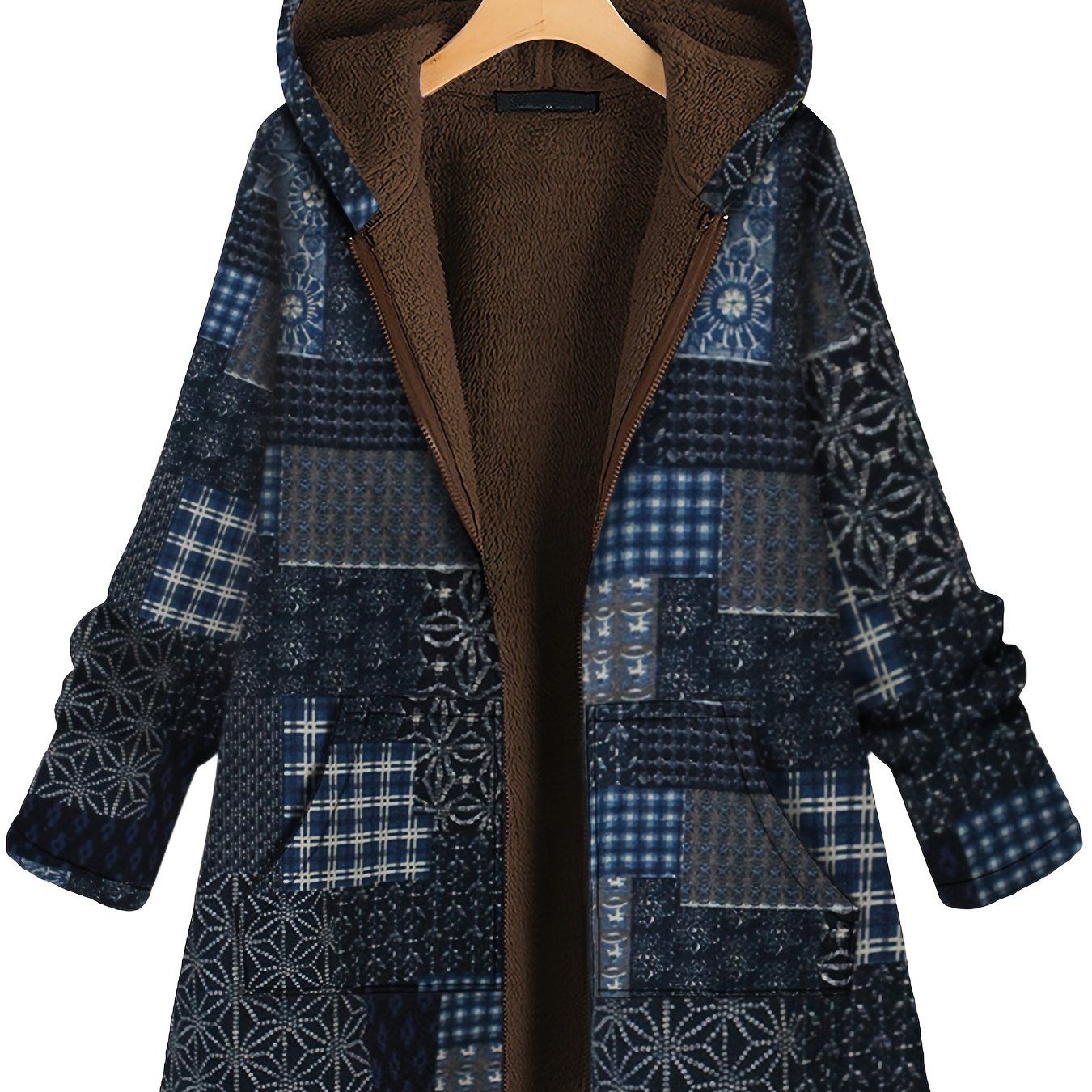 Große Größen Patchwork Print Hoodie mit Fleece-Futter Thermomantel; Damen Plus Langarm Freizeitjacke