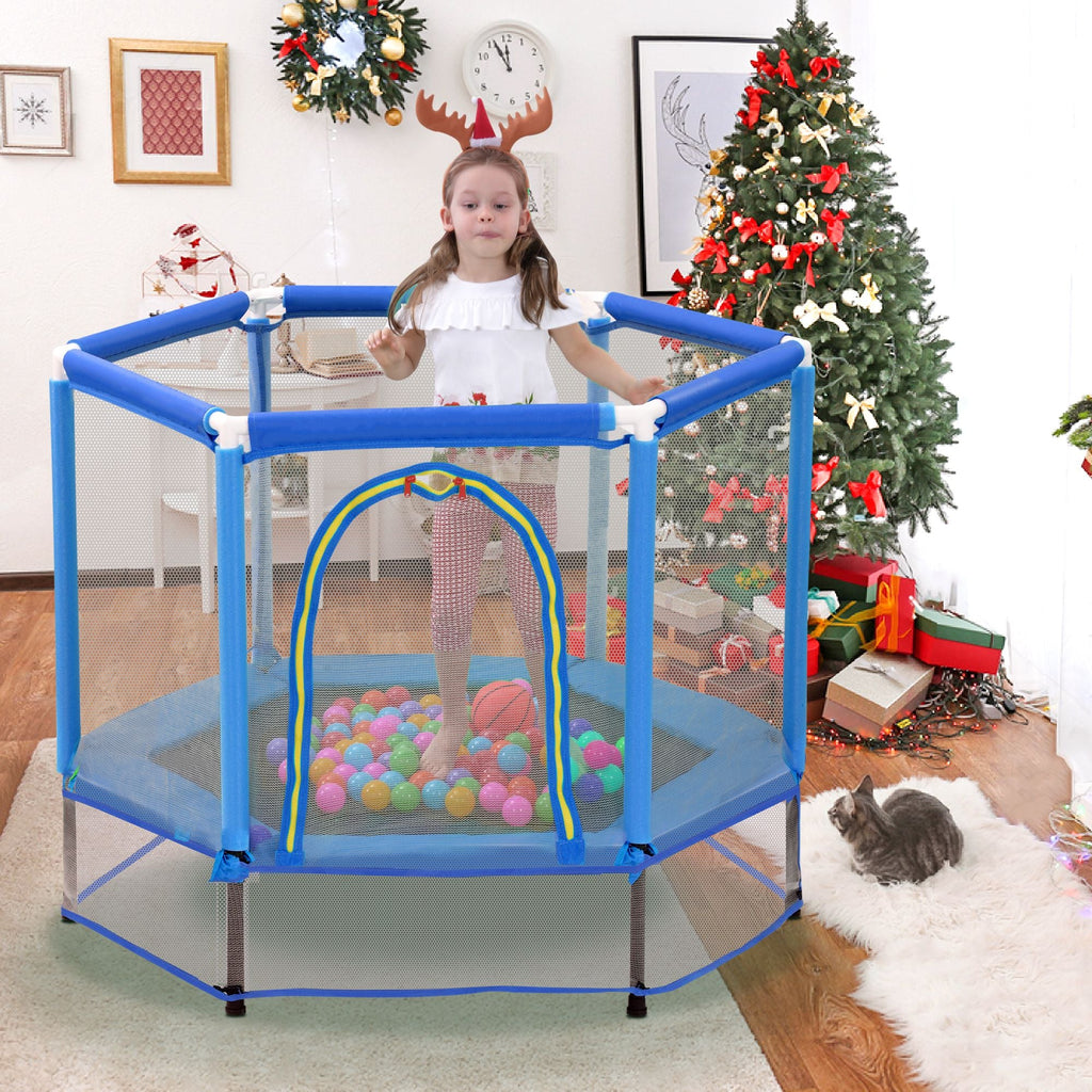 55'' Kleinkinder Trampolin mit Sicherheitsnetz und Bällen, Indoor Outdoor Mini Trampolin für Kinder