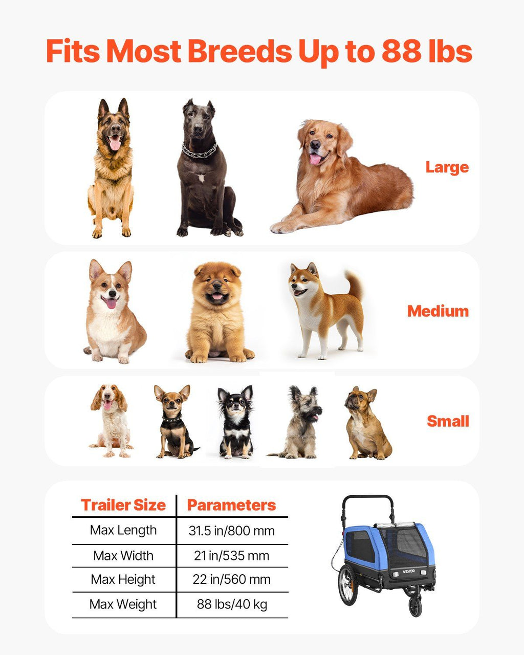 Hunde-Fahrradanhänger, Belastbar bis 40 kg, 2-in-1 Haustierwagen und Fahrradanhänger für kleine und große Hunde, einfach klappbarer Rahmen mit Schnellspannrad, universelle Fahrradkupplung, interne Leine