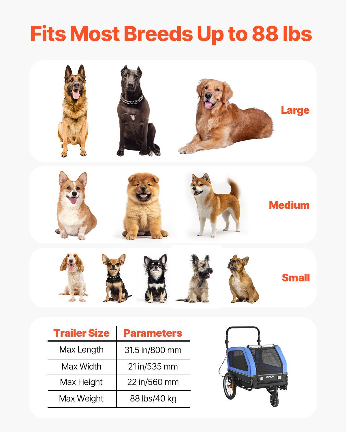 Hunde-Fahrradanhänger, Belastbar bis 40 kg, 2-in-1 Haustierwagen und Fahrradanhänger für kleine und große Hunde, einfach klappbarer Rahmen mit Schnellspannrad, universelle Fahrradkupplung, interne Leine