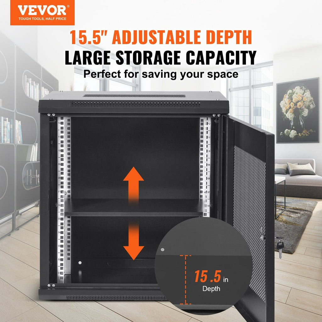 VEVOR 12U Wandschrank-Serverschrank, 39,4 cm Tiefe, Netzwerk-Rack-Gehäuse, trägt bis zu 90 kg, sicheres Verriegelungssystem, ideal für IT-Hardware, Audio-/Video-Komponenten