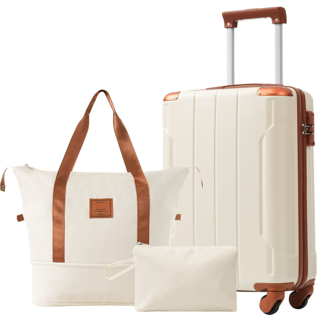 20 Inch Carry On Luggage Set 3 Piece with Spinner Wheels, Lightweight Hardshell ABS Suitcase for Weedend Getaways, Business Travel, White Brown