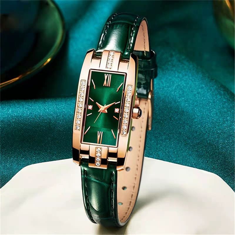 Damenuhren Mode Quadratische Damen Quarzuhr Armband Set Grünes Zifferblatt Einfache Leder Luxus Damenuhren