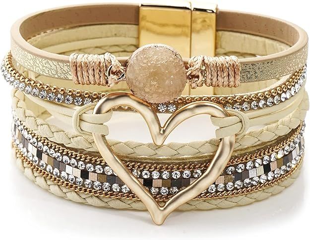 Mehrschicht-Lederwickelarmband Herzförmiges breites Manschettenarmband für Damen