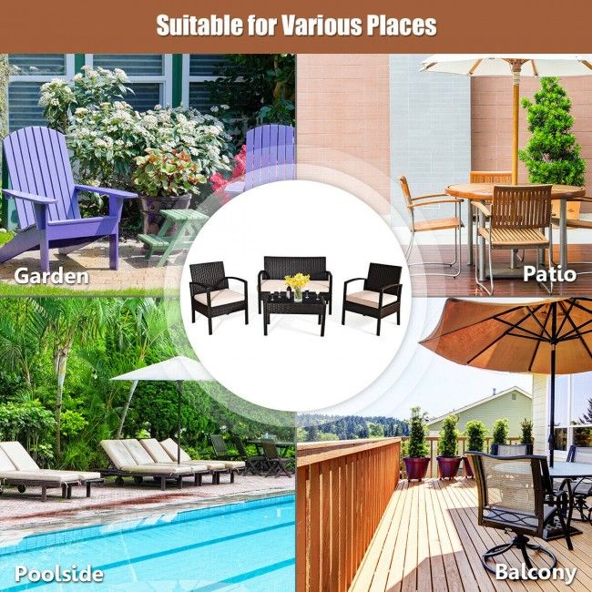 Salon de jardin 4 pièces, chaises en rotin et osier, ensemble de bistrot extérieur