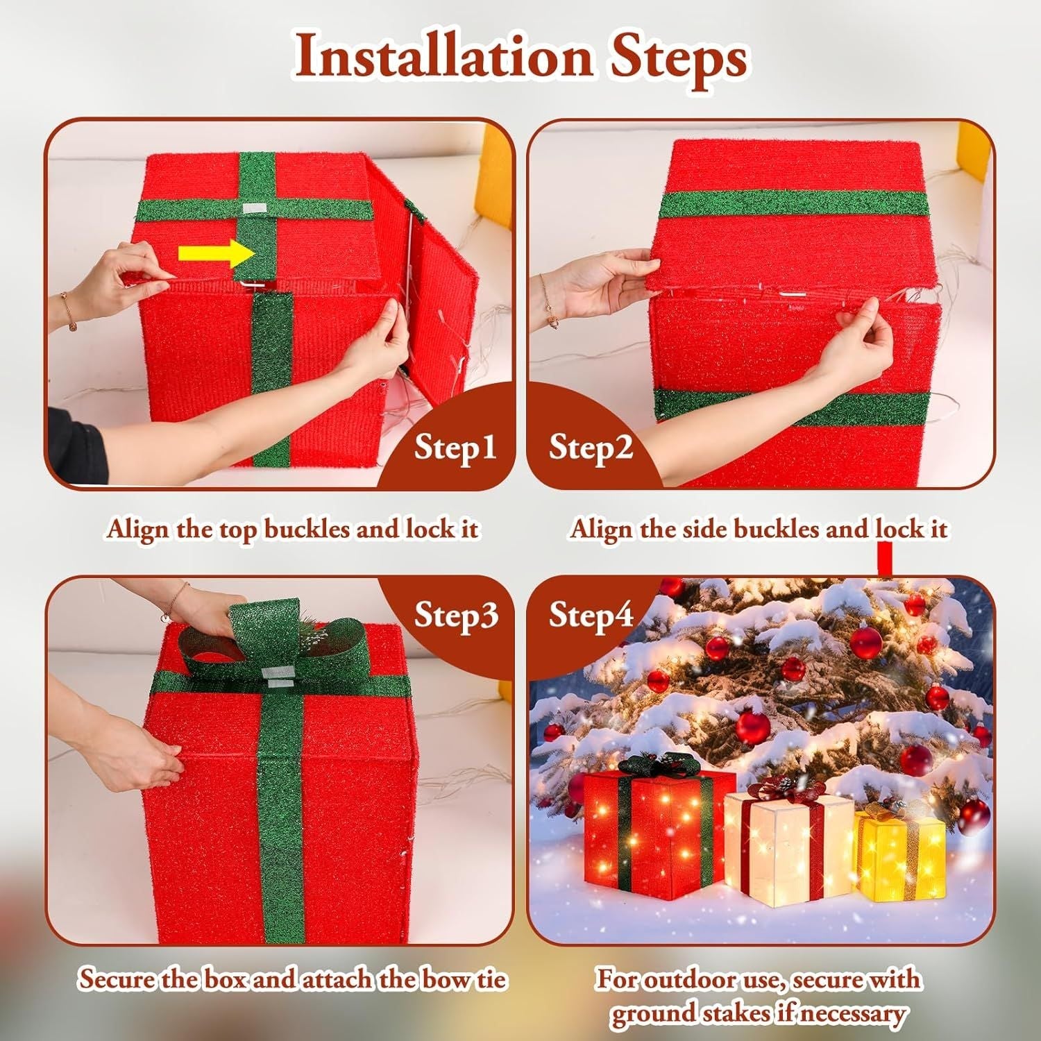 3 grandes boîtes cadeaux pour décorations de Noël extérieures, 25,4 cm, 20,3 cm, 15,2 cm avec mini guirlandes lumineuses de 70 LED pré-éclairées, boîtes cadeaux lumineuses avec paillettes pour Noël, mariage, fête