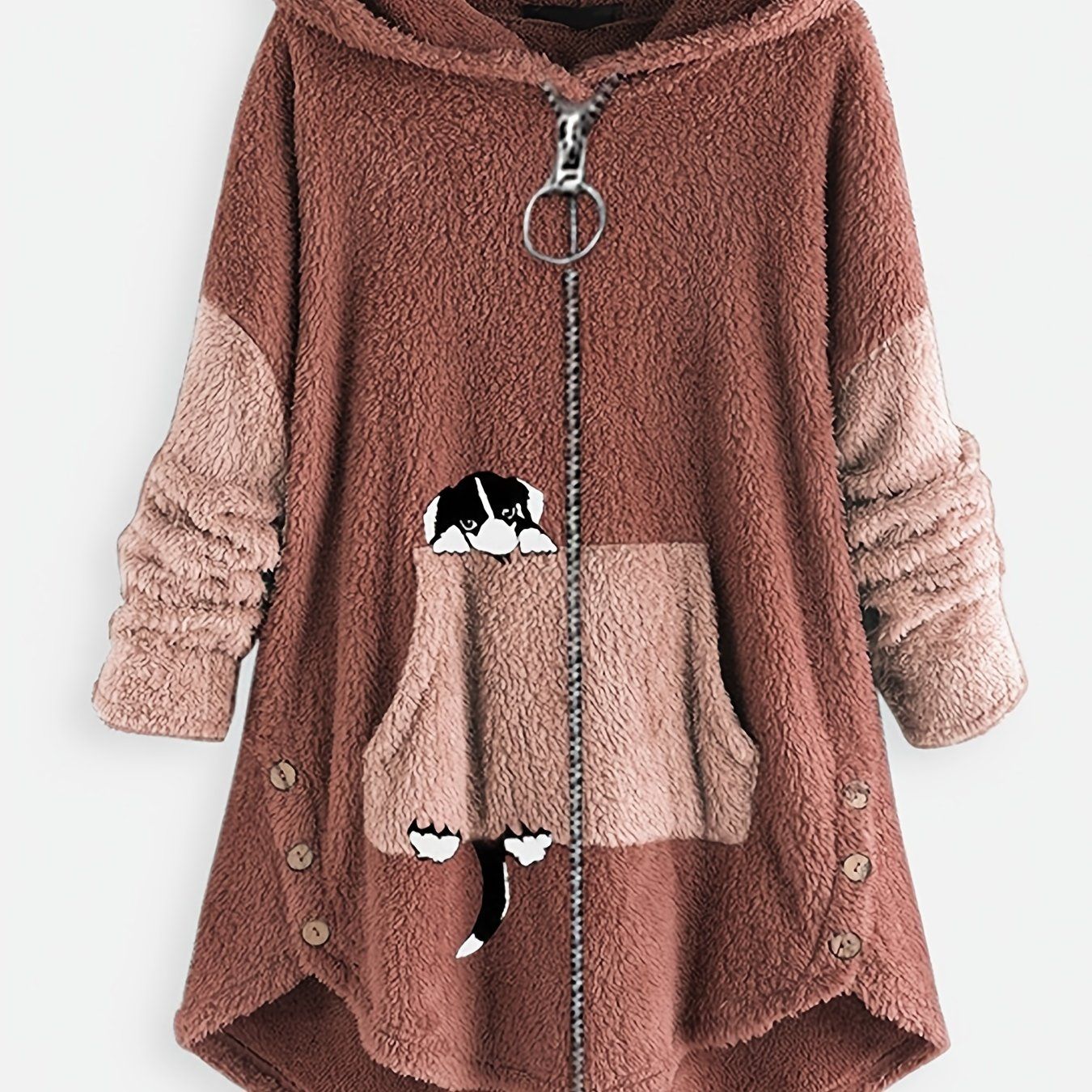 Große Größen Cartoon Welpendruck Colorblock Hoodie mit Reißverschluss, flauschiger Mantel; Damen Plus Size leichter Stretch Freizeit-Mantel