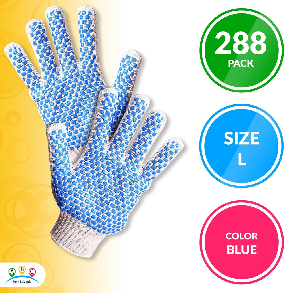Packung mit 288 Strickhandschuhen mit blauen Noppen auf beiden Seiten, Größe L. Gestrickte Handschuhe aus Baumwolle-Polyester für allgemeine Zwecke. Schutzhandschuhe mit blauer PVC-Noppenstruktur. Mittelschwere Handschuhe.