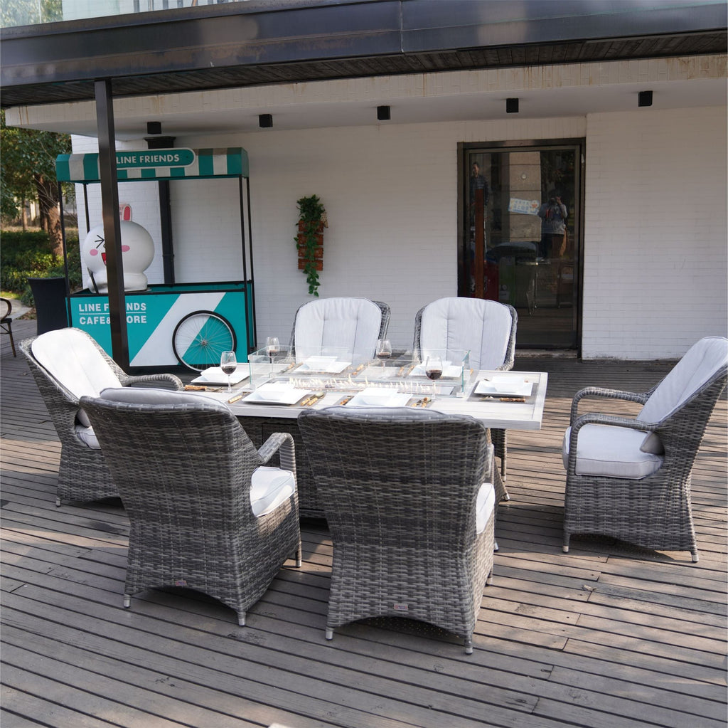 Ensemble de salle à manger d'extérieur Direct Wicker avec foyer – Table rectangulaire en aluminium 6 places et chaises en rotin