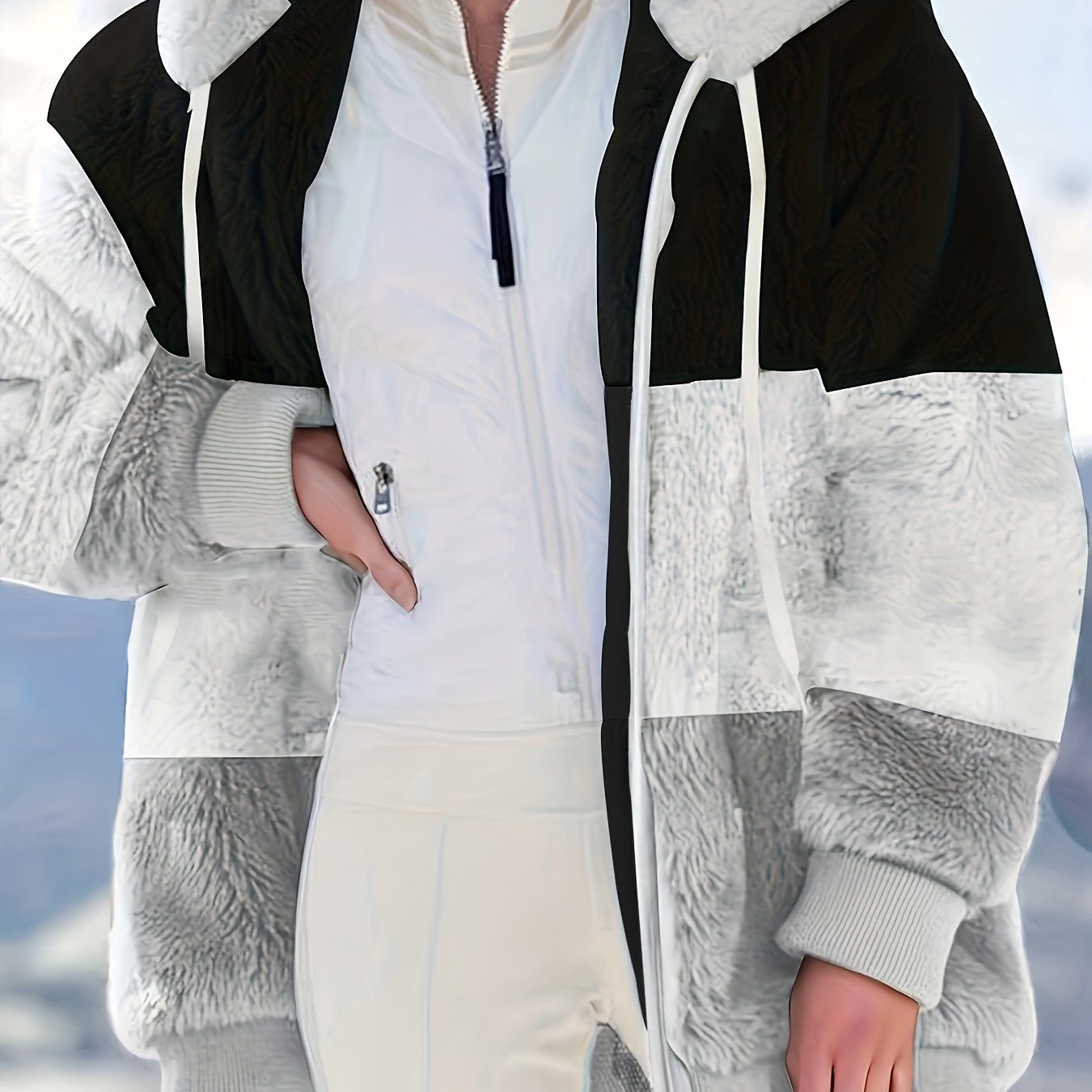 Farbblock Teddy-Fleece-Mantel mit Kapuze, lässige Winterjacke mit Reißverschluss und langen Ärmeln, Damenbekleidung