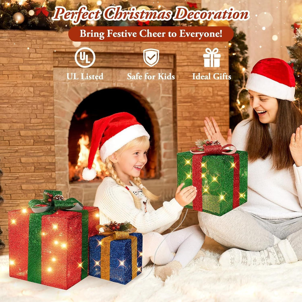 3 grandes boîtes cadeaux pour décorations de Noël extérieures, 25,4 cm, 20,3 cm, 15,2 cm avec mini guirlandes lumineuses de 70 LED pré-éclairées, boîtes cadeaux lumineuses avec paillettes pour Noël, mariage, fête
